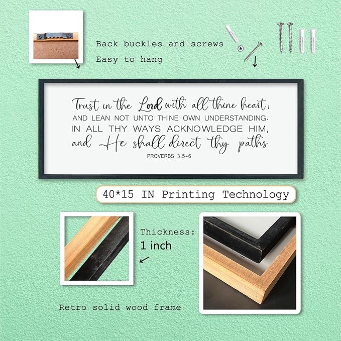 LuZhiQiang Trust in the Lord With All Thine Heart Wall Art Decor 40"×15" Proverbs 3:5-6 Sign Bible Verse Christian Scripture Large Wooden Framed Wall Hanging (Black)