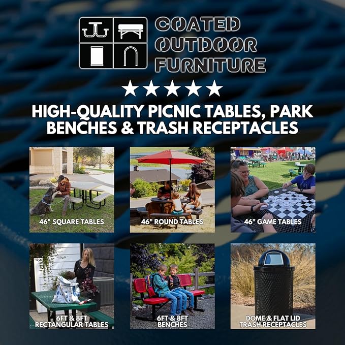 Heavy-Duty Portable Outdoor Picnic Table with Umbrella Hole, Expanded Metal Commercial-Grade Patio Dining Furniture Made in America (46" Round Top, Light Blue)
