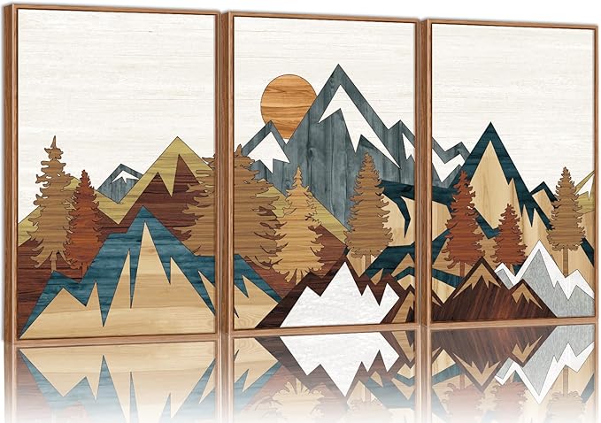 SIGNINART Large Mountain Framed Canvas Wall Art, Boho Sunrise Wilderness Art Prints, Vintage Forest Nature Artwork, Modern Farmhouse Woodcut Style Wall Decor for Living Room Bedroom Office 24"x36"x3