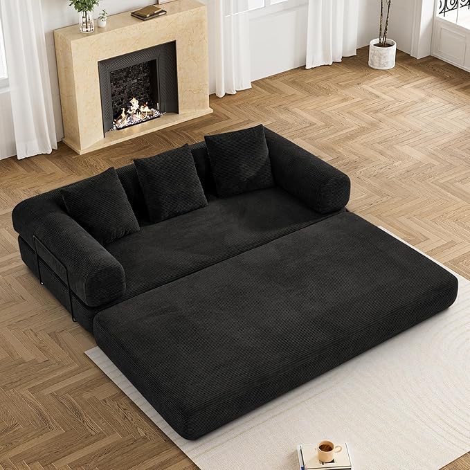 Convertible Sleeper Sofa Bed with Pillow, 4-in-1 Corduroy Folding Mattress Couch with Fixed-Shape Frame, Futon Fold Out Floor Sofa Cama Lounge Couch for Living Room Bedroom Studio, Black