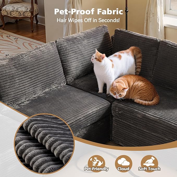Modular Sectional Sofa with Chaise U Shaped Sectional Couch for Living Room, 5-Seater Comfy Cloud Couches, Plush Corduroy, Gray