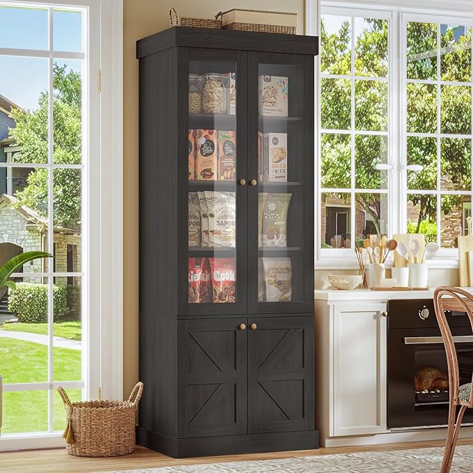 Vyre 71" Tall Farmhouse Bookshelves with Glass Doors and Drawers, Set of 4 – Large Modular Bookcase with Adjustable Shelves, Storage Cabinet for Living Room, Kitchen, Black