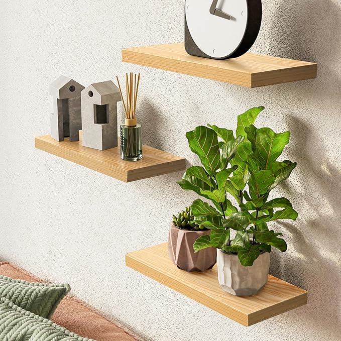 BAYKA Floating Shelves for Wall, 22.5 inches Wall Mounted Rustic Wood Shelves for Bathroom, Bedroom, Living Room, Floating Shelves for Books/Storage/Decor (Oak-Toned,Set of 3)