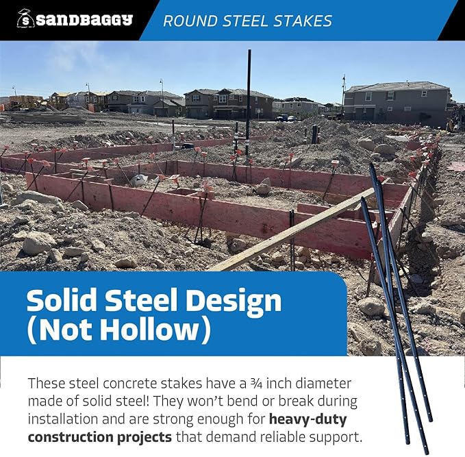 Sandbaggy Round Steel Concrete Form Stakes with Nail Holes - Rust Resistant Coating - Removable, Reusable (5, 3/4 in X 36 in)