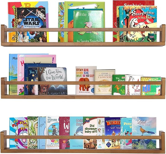AZSKY Light Walnut Nursery Book Shelves 36 in Floating Wall Mounted Bookshelf Kids Room Hanging Shelves Toddlers Toys Books Storage Organizer a Set of 3