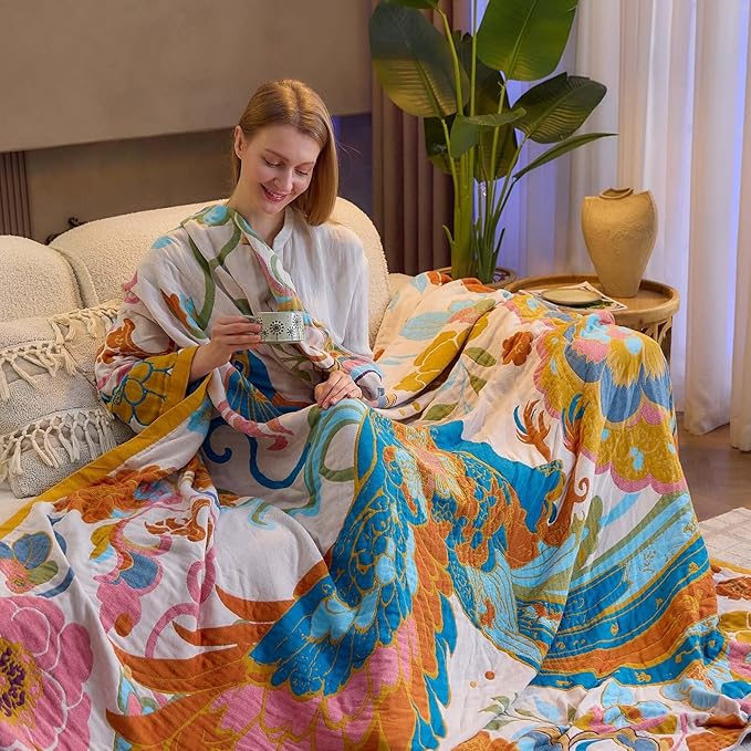 Boho Throw Blanket, Lightweight Blankets for Summer, 100% Cotton Bohemian Decorative Throw Blanket, 60"x80" Reversible Muslin Breathable Woven Farmhouse Blankets Quilt,