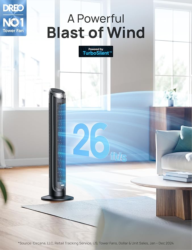 Dreo Smart Tower Fan for Bedroom, 90° Oscillating 40" Standing Fan, 26ft/s High-Speed 5 Speeds 4 Modes, Quiet Room Floor Fans, Touch/Remote/APP & Voice Control, Work with Alexa, 12H Timer, Silver