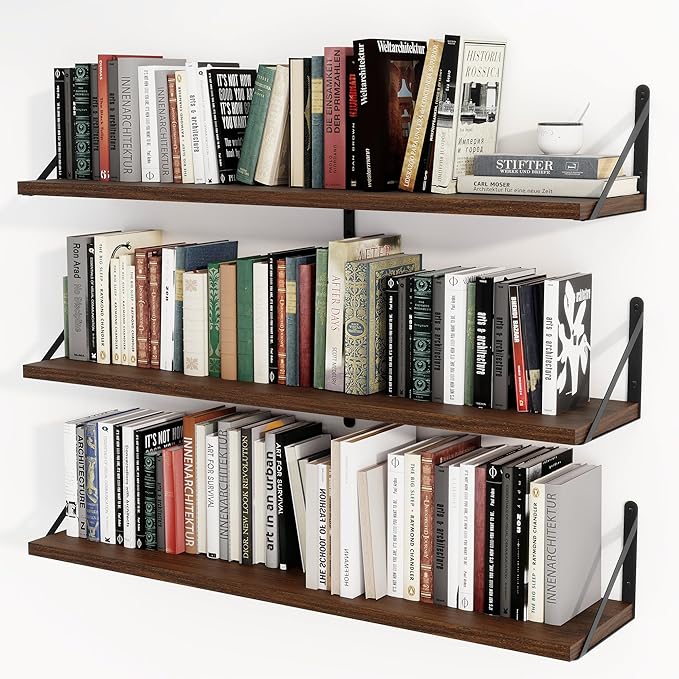 Heimlove 36 Inch Floating Bookshelves Set of 3,Heavy Duty Wall Mounted Bookshelves,Bookshelf for Living Room,Bedroom,Kitchen,Laundry Room Storage & Decor-Walnut Color