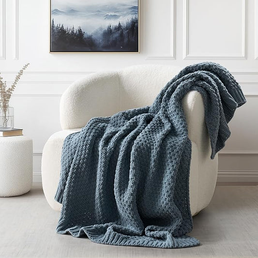 Chunky Chenille Knit Throw Blanket for Couch, Soft Luxurious Moss Stitch Blankets for Bed, Cozy Decorative Farmhouse Knitted Throws for Sofa, Stormy Blue, 60" x 80"