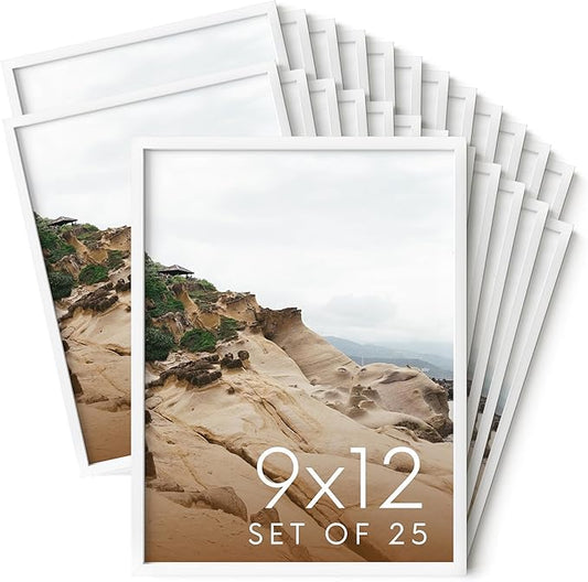HAUS AND HUES 9x12 White Metal Picture Frames - Features Premium Aluminum, Vertical & Horizontal Hang, Shatterproof Plexiglass - Perfect for Home, Room, Office (9x12 in, White, Set of 25)