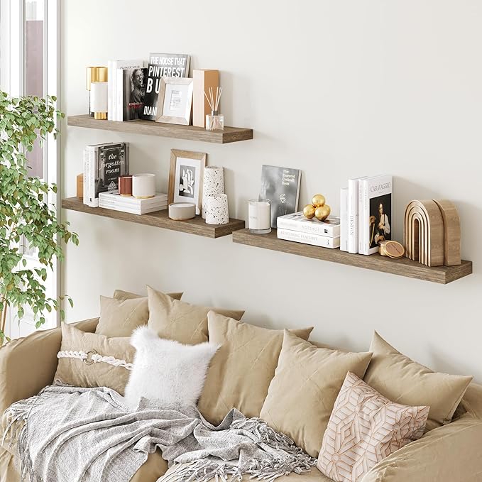 BAMEOS Floating Shelves, Wall Mounted Wooden Shelves with Invisible Brackets Set of 3, Hanging Wall Shelves Decoration for Bedroom, Bathroom, Living Room and Kitchen