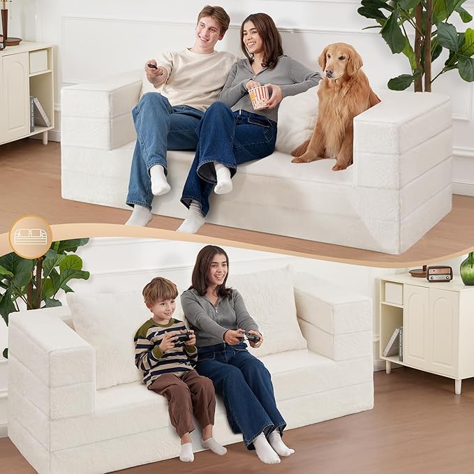 Folding Bean Bag Chair for Adults,3-in-1 Bean Bag Couch Faux Fur Floor Sofa Large Beanbag Convertible Bean Bag Sofa Bed with Pillow in Bedroom,Living Room,Apartment(Queen,Milky White)