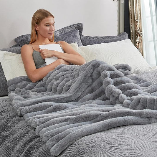 Cozy Bliss Faux Fur Throw Blanket for Couch, Cozy Warm Plush Striped Blanket for Sofa Bedroom Living Room,60 * 80 Inches Grey