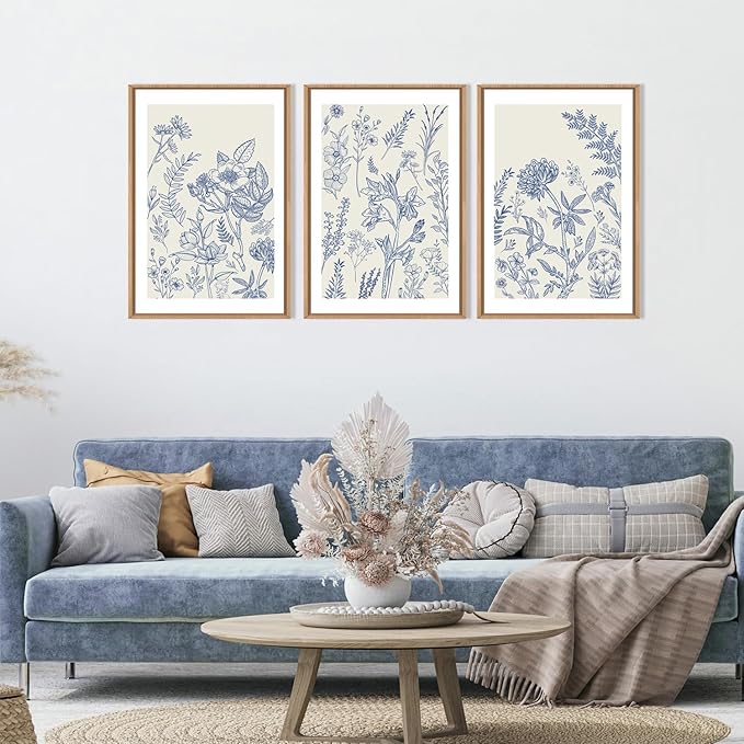 HPINUB Classic Chinoiserie Floral Framed Canvas Wall Art Set,Watercolor Blue and White Botanical Flowers Wall Decor,Navy Blue Minimalist Wildflower Art Print for Living Room,Bedroom,Office-24x36x3