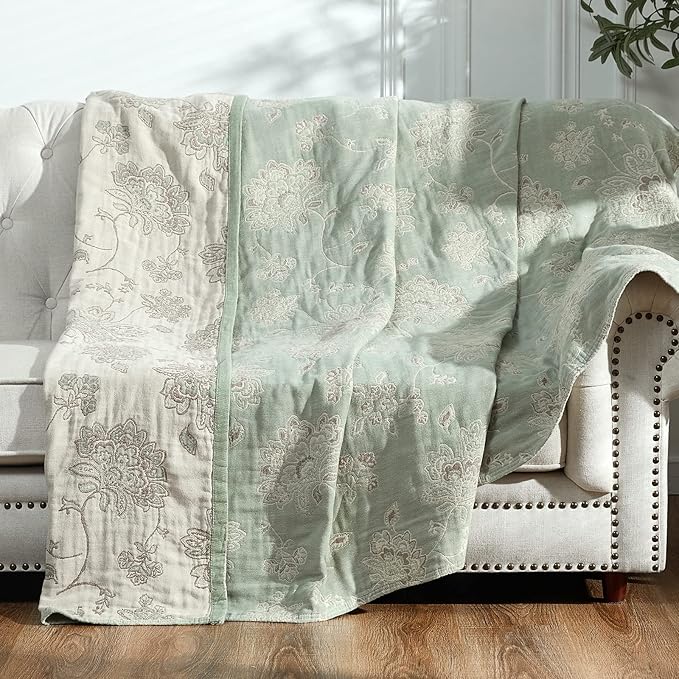 jinchan Boho 100% Cotton Muslin Queen Size 80x90 Inches Blanket Lightweight 4-Layer Quilted Soft Green and Beige Floral Throw Blanket Reversible Comfy Flower Rustic All Seasons Couch Bedroom Decor
