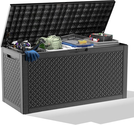 100 Gallon Deck Box Large Outdoor Storage for Patio Furniture,Outdoor Cushions,Garden Tools and Pool Supplies,Waterproof,Resin,Lockable(Black Lozenge)