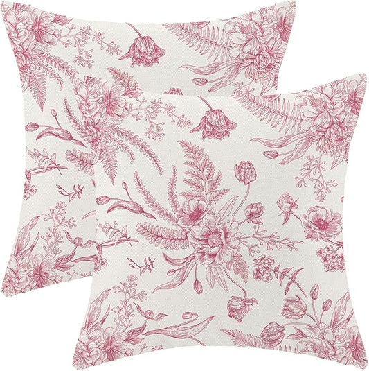 CXMEIFLY Hot Pink Spring Pillow Covers 20 x 20 Inch Set of 2 for Chinoiserie Flowers Decor Throw Pillows Floral Leaves Seasonal Plant Outdoor Decorative Cushion Cases for Couch Bed Decorations