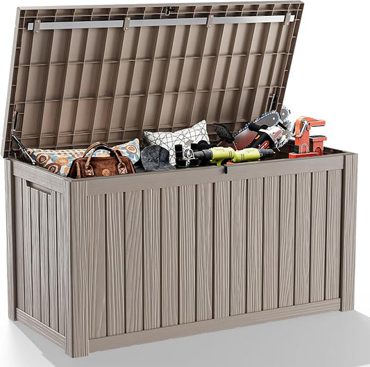 150 Gallon Deck Box Large Outdoor Storage for Patio Furniture,Outdoor Cushions,Garden Tools and Pool Supplies,Waterproof,Resin,Lockable(Grey)