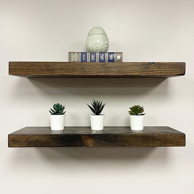 URBANDI, Rustic Floating Shelves, Set of 2, Hidden Bracket, Solid Wood, Heavy Duty, Wall Mounted Shelves, (Dark Brown, 48Wx12D)