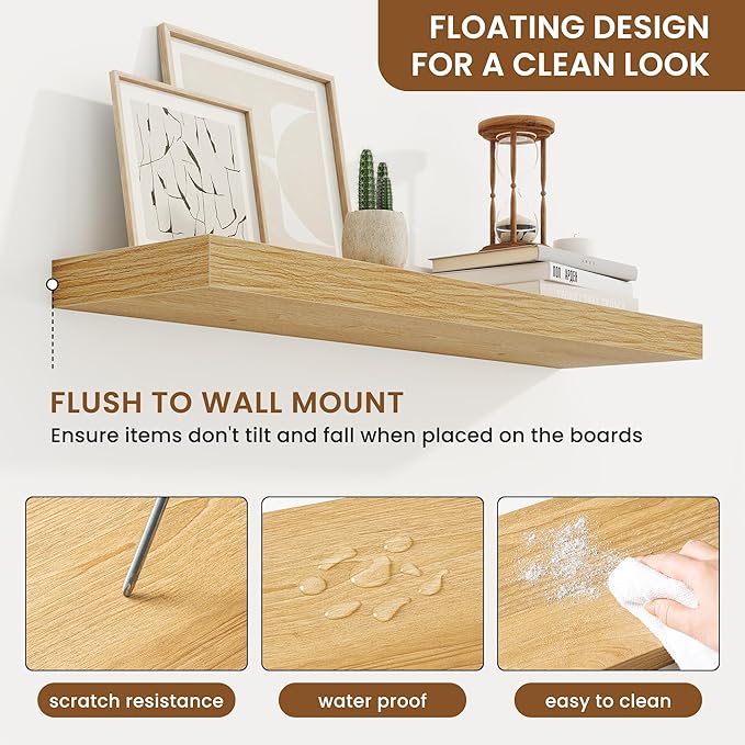 fuqing Floating Shelves for Wall, Bathroom Shelf Wall Mounted for Storage, Shelves with Invisible Bracket for Bedroom, Kitchen, Living Room, Farmhouse Small Book Shelf, 30 Inch Set of 2, Oak
