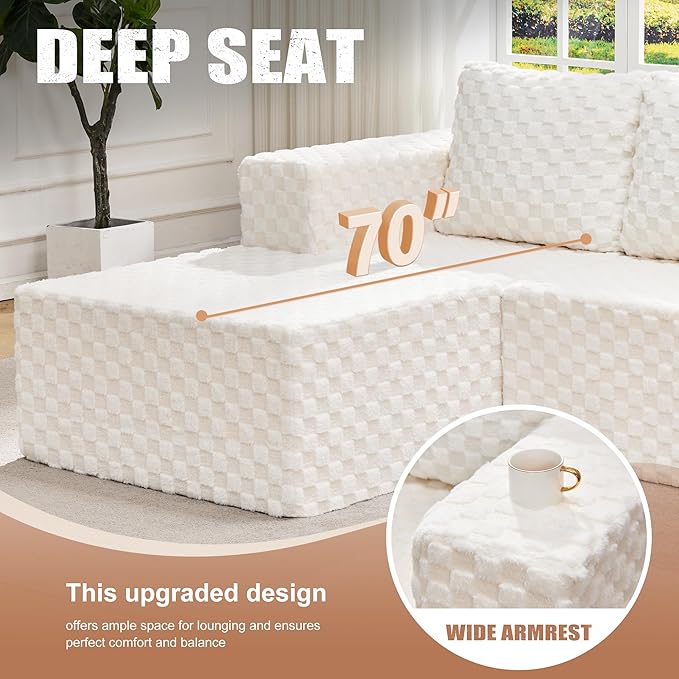 Hobestluk Modular Sectional Sofa Memory Foam Couch Oversized Sectional Sofa 3-Seater with Chaises Cloud Couch with Removable Cover U Shaped Sofa for Living Room (Plush White, U Shape)