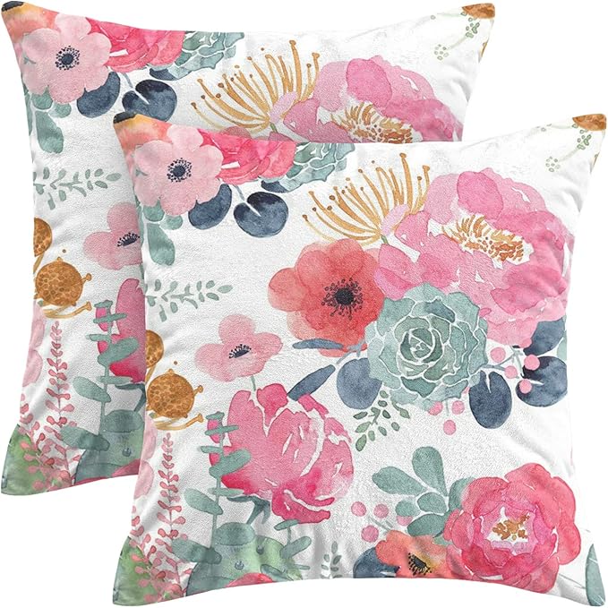 CXMEIFLY Spring Floral Pillow Covers 18 x 18 Inch Set of 2 for Watercolor Pink Flowers Decor Throw Pillows Green Leaves Plant Outdoor Decorative Cushion Cases with Zipper for Couch Bed Decorations
