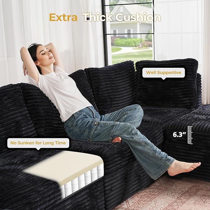 HOOOWOOO Modular Sectional Sofa,8 Pieces Sectional Couches for Living Room,164X66 L Shaped Cloud Couch with Ottoman Chaise Set(Black Velvet Corduroy)