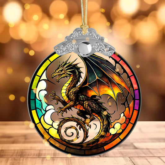 Dragon Stained Art Window Hanging – Fantasy Dragon Ornament for Christmas Tree or Home Decor – ACOTAR Fourth Wing DnD Gift – Dungeons and Dragons Decor for Fans