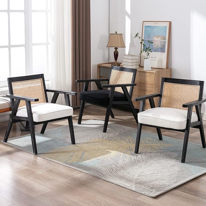Accent Rattan Chair, Faux Fur Upholstered Living Room Chairs with Cane Back, Retro Mid Century Modern Cane Chair Armchair for Reception Reading Indoor Outdoor, Black