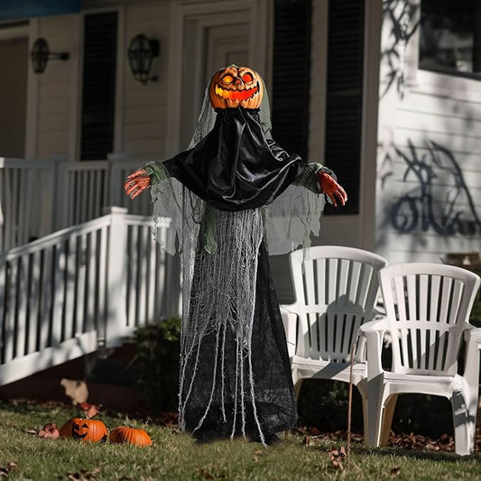 AW Scary Animated Halloween Decorations Jack-O-Lantern,Pumpkin Ghost Props 5.4 Ft Full Life Size with Motion/Sound Activated Glowing Head Horror Party Outdoor Indoor Decorations Farm Scarecrow 2025