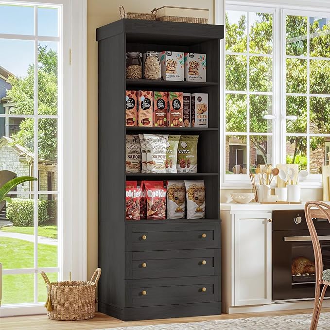 Vyre 71" Tall Farmhouse Bookshelves with Glass Doors and Drawers, Set of 4 – Large Modular Bookcase with Adjustable Shelves, Storage Cabinet for Living Room, Kitchen, Black