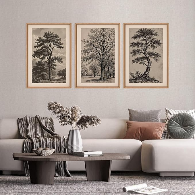 HPINUB Vintage Sketch Tree Framed Canvas Wall Art Set,Modern Nature Botanical Wall Decor, Antique Wilderness Tree Artwork,Minimalist Neutral Art Prints for Living Room,Bedroom,Farmhouse-24 x36 x3