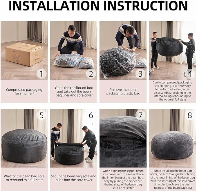 Bean Bag Chair 4Ft, Memory Foam Filled, Large Beanbag Chairs for Adults and Teens, Soft Sofa with Removable Flannel Cover, Round Couch for Living Room Bedroom College Dorm (Dark Gray, 4FT-47×47"×24")