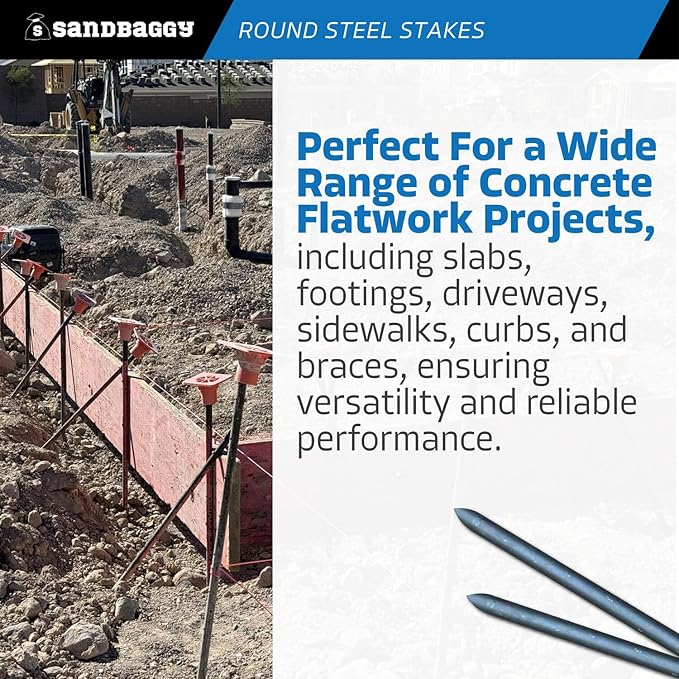 Sandbaggy Round Steel Concrete Form Stakes with Nail Holes - Rust Resistant Coating - Removable, Reusable (200, 3/4 in X 24 in)