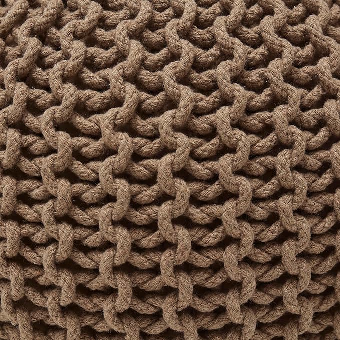 Ornavo Home Pouf Ottoman Foot Rest - 100% Cotton Pouffe - Hand Knitted Cable Braid Cord - Boho Round Stuffed Ottoman for Living Room, Bedroom - Taupe/Brown