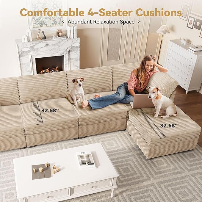Modular Sectional Sofa with Chaise U Shaped Sectional Couch for Living Room, 7-Seater Comfy Cloud Couches, Plush Corduroy, Beige