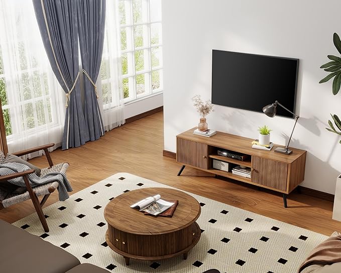 COMHOMA TV Stand for Living Room, Mid Century Modern Entertainment Center for 55/60/65 Inch TVs, Retro Brown TV Console with Fluted Door Cabinets and Open Adjustable Shelve Storage for Bedroom