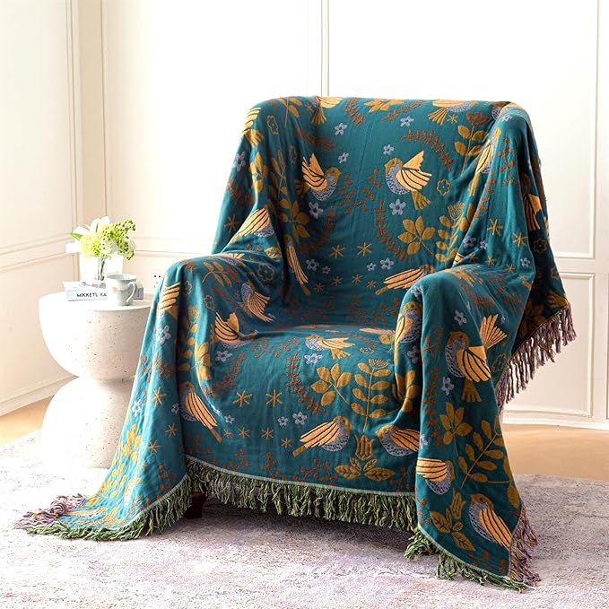 MSGKV Boho Throw Blanket 100% Cotton Blankets for Bed Couch 60''x80'', Soft Summer Blanket Travel Boho Quilt Muslin Blanket Home Decor Farmhouse Warm Throws Gifts for Women Mom