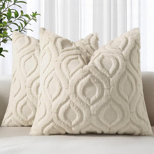 decorUhome Fall Throw Pillow Covers 24x24 Inch Set of 2, Soft Plush Decorative Faux Fur Beige Solid Couch Pillow Covers, Accent Farmhouse Neutral Square Euro Pillow Cases for Sofa Bed Living Room