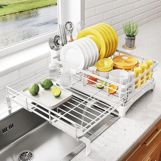 Dish Drying Rack - Extendable Dish Rack, Large Sink Drying Dish Drainer for Kitchen Counter, Stainless Steel Dish Strainer with Utensil Holder (White)