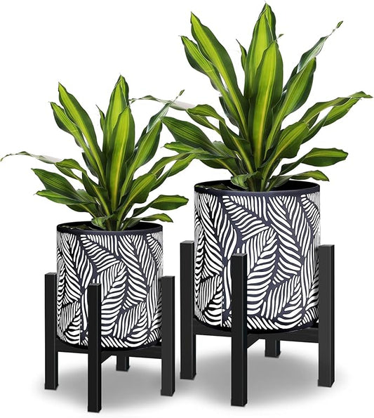 10 & 12 Inches Plant Pot with Stand Set of 2, Decorative Palm Leaves Printing Planter with Holder, Garden Pot for Snake Plant, Monstera, Houseplants - Indoor Outdoor Flower Pots with Drainage Holes