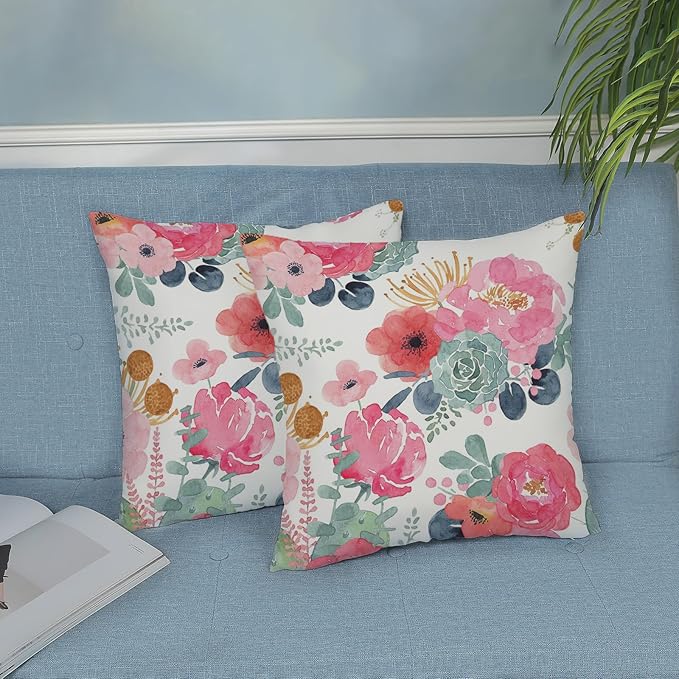 CXMEIFLY Spring Floral Pillow Covers 22 x 22 Inch Set of 2 for Watercolor Pink Flowers Decor Throw Pillows Green Leaves Plant Outdoor Decorative Cushion Cases with Zipper for Couch Bed Decorations