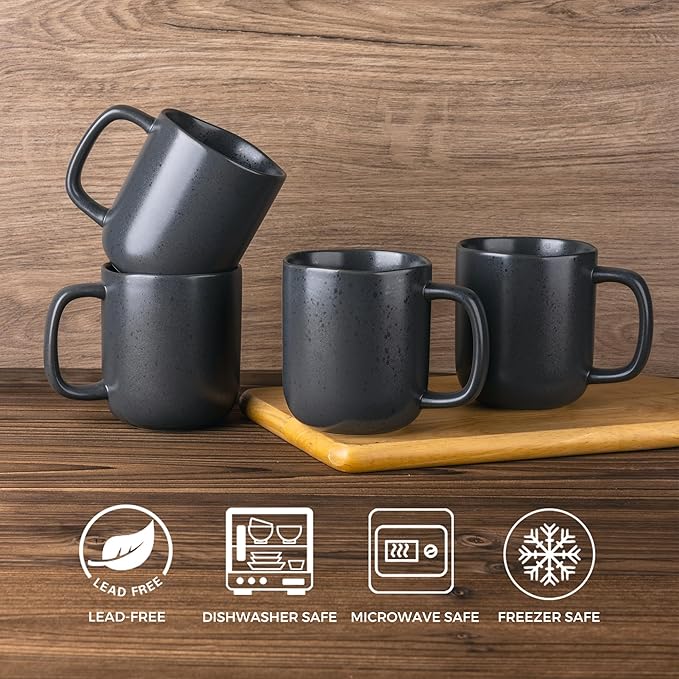 AmorArc 14oz Coffee Mugs Set of 6, Ceramic Coffee Mugs with Large Handle & Wavy Rim for Latte/Hot Cocoa/Tea, Stylish Coffee Cups for Men Women. Oven,Dishwasher&Microwave Safe, Dark Gray