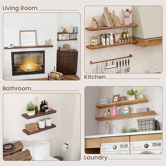 Floating Shelves for Wall Decor, Rustic Solid Elm Wood Floating Shelves Wall Mounted, Wall Shelves with Invisible Bracket for Living Room Bathroom Bedroom Kitchen, 24 Inch Set of 2, Natural