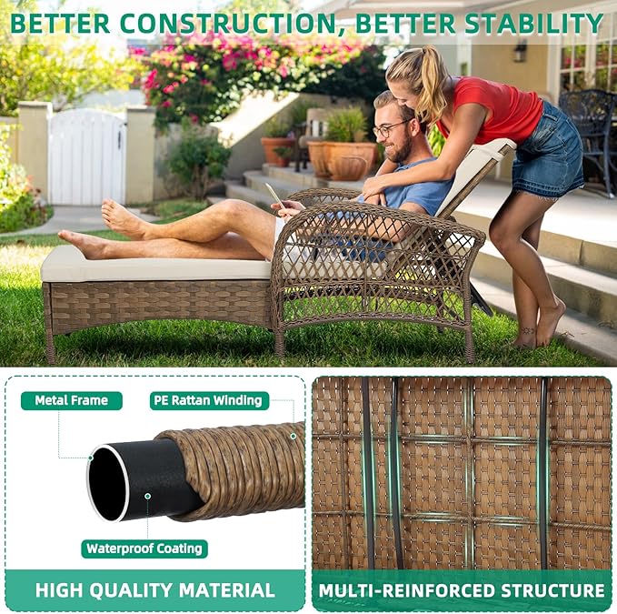 VIVIJASON Outdoor Wicker Chaise Lounge Chair Set of 2, All-Weather PE Rattan Cushioned Patio Lounger Chairs, 6-Position Adjustable Outside Pool Sunbathing Recliner with Armrest & Pillow, Beige