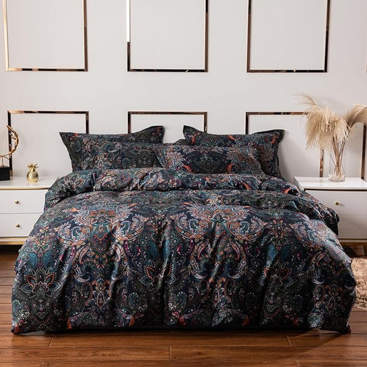 ABREEZE Luxury Vintage Black Duvet Cover Sets Damask Paisley Bedding Set Retro 100% Brushed Cotton Zipper Closure Bedding Collection Cal.King