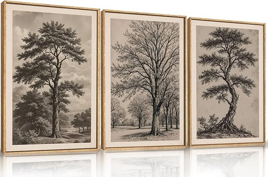 HPINUB Vintage Sketch Tree Framed Canvas Wall Art Set,Modern Nature Botanical Wall Decor, Antique Wilderness Tree Artwork,Minimalist Neutral Art Prints for Living Room,Bedroom,Farmhouse-16 x24 x3