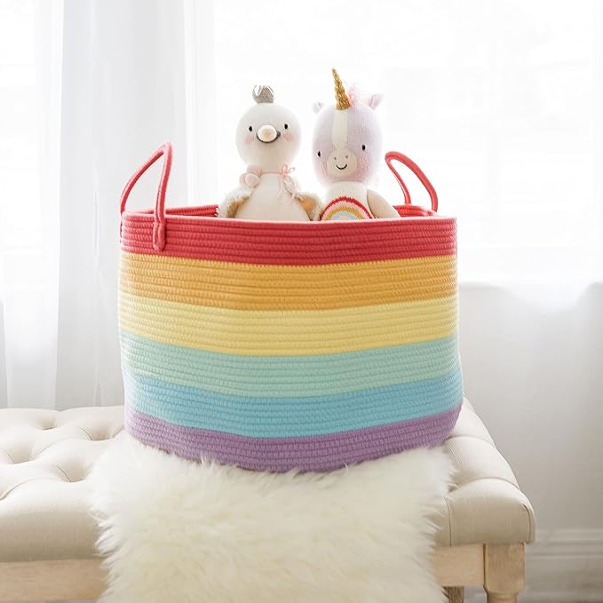 OrganiHaus Large Blanket Basket for Living Room 20x13, Rainbow Rope Basket for Classroom Organization, Toy Storage Basket, Woven Kids Laundry Basket, Baby Toy Box, Cute Storage Basket, Nursery Hamper