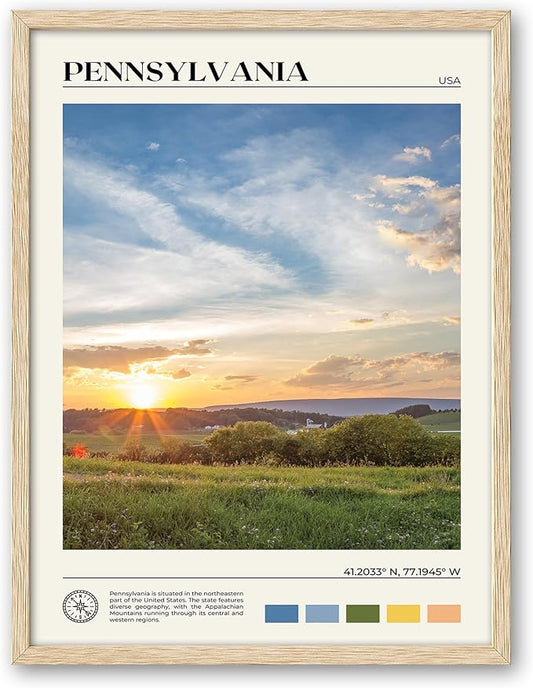 HesenDot Natural OAK Wood Framed Pennsylvania Wall Art,12x16in Appalachian Mountains Scenery Canvas Wall Print,Classic Urban Landmark Wall Decor for Living Room, Bedroom,Office Gallery Set of 1