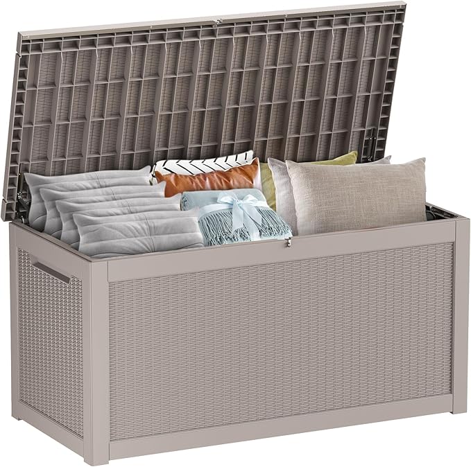 Large Deck Box 260 Gallon, Resin Patio Storage Box with Lockable Lid for Patio Furniture, Garden Tools, Pool Accessories, Weatherproof Outdoor Storage Bin, Brown